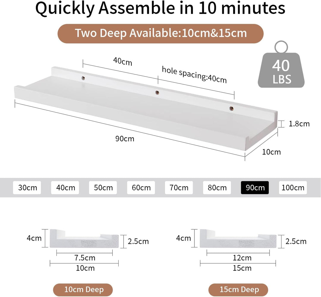Gieanoo Wandregal Weiss, 2er Set, 90cm Massives Eichenholz Schweberegale Bilderleiste Weiss Regalbre