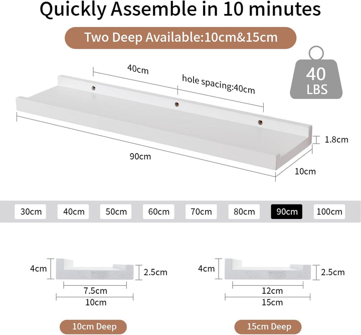 Gieanoo Wandregal Weiss, 2er Set, 90cm Massives Eichenholz Schweberegale Bilderleiste Weiss Regalbre