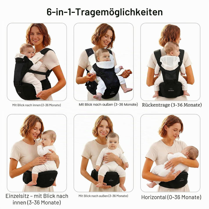 Bebamour Babytrage für Neugeborene bis Kleinkinder, Hüftsitz, 0-36 Monate, Kopfhaube, 3 Stück Zahnun