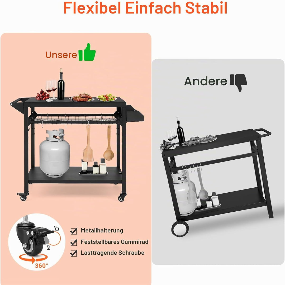 GarveeTech Grillwagen Outdoor – Mobiler Grilltisch mit 3 Ablagen, Gitterablage, Rollen &amp; Haken für G