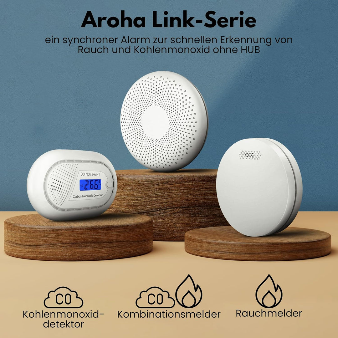 Aroha Link Kohlenmonoxid Melder Vernetzt - 10 Jahre Batterie - CO Melder, CO Gaswarner, CO Warner, K