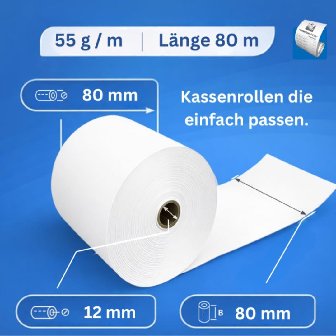 50 Thermorollen 80mm x 80m x 12mm [Ø 80mm] - Thermopapier Bonrolle - 80m lang - 50 Stück