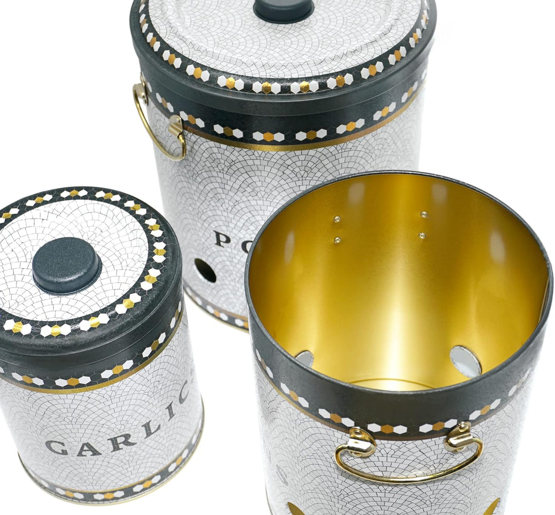 Lashuma Kartoffel Behälter Set, Grosse Knoblauchdose mit Deckel, Zwiebelbox Küche rund 22 cm Mosaik,