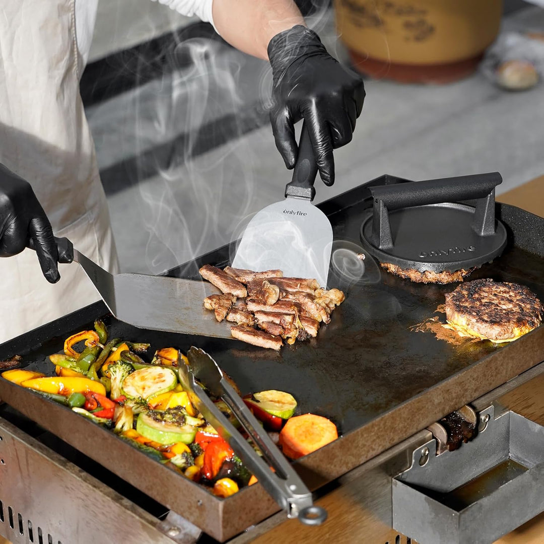 onlyfire Smash Burger Set inkl. Grillspachtel aus Edelstahl, Plancha Spachtel, Gusseisen Burgerpress