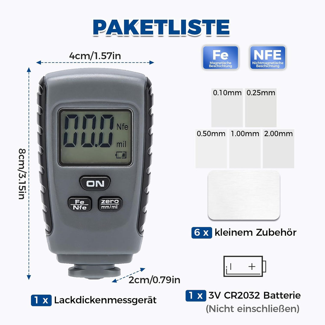 Lackmessgerät Auto, Lackdickenmessgerät für Auto, Lackschichtdickenmessgerät KFZ mit LCD-Display und