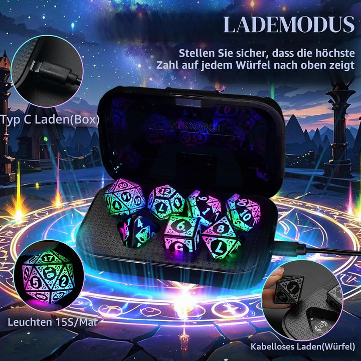 ZHOORQI DND Würfel Set, 7 Pcs LED Dice Wiederaufladbar mit Ladebox, Dungeons and Dragons Würfelset P