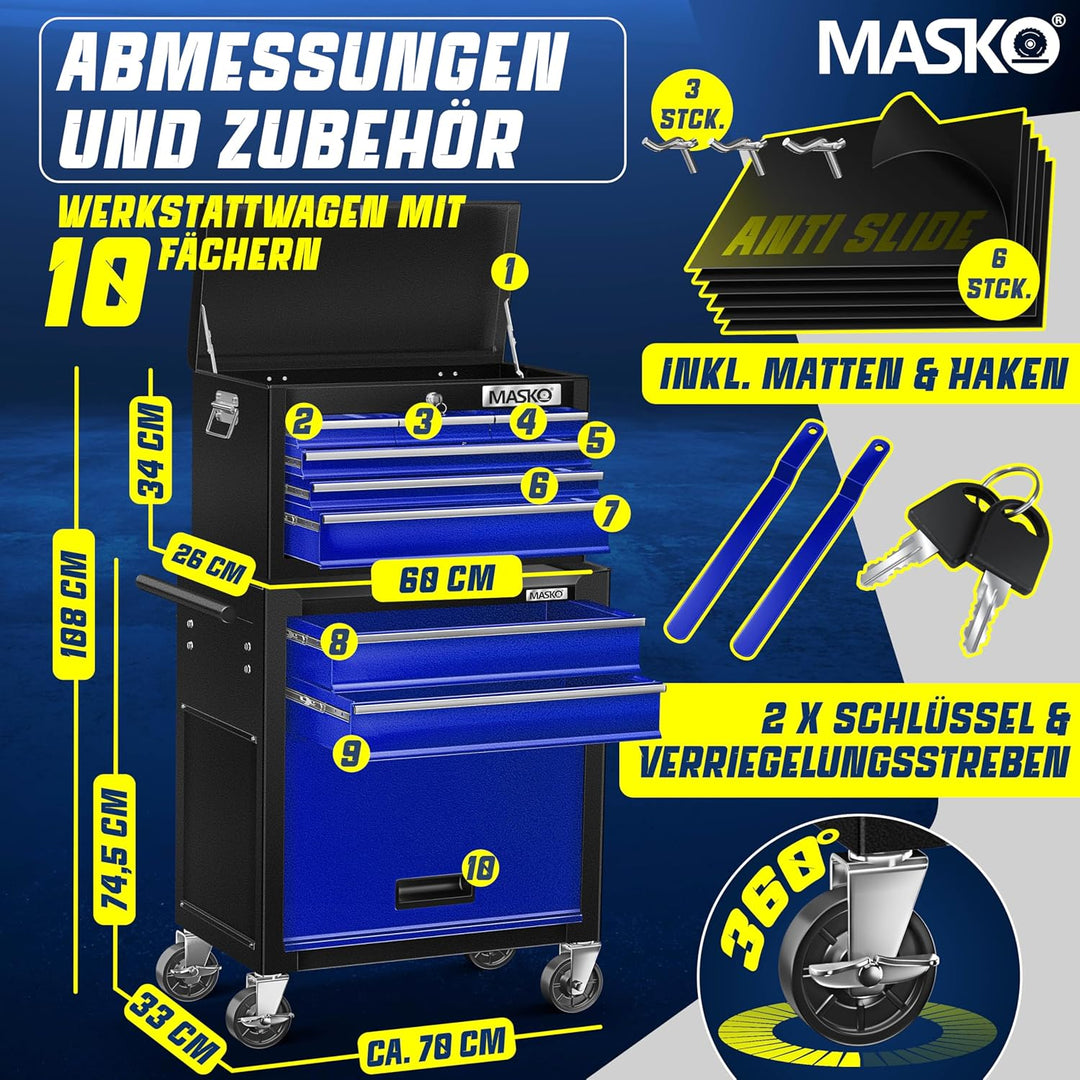 MASKO® Werkstattwagen inkl. Koffer - 9 Fächer Abschliessbar | Massives Metall | Mobiler Werkzeug-Wag