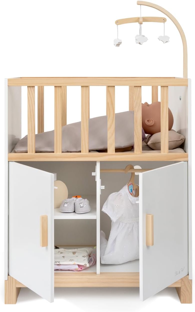 ELLA & PIET® Puppenbett Cozy mit Schrank und Mobile aus Holz (Weiss-Schlamm)