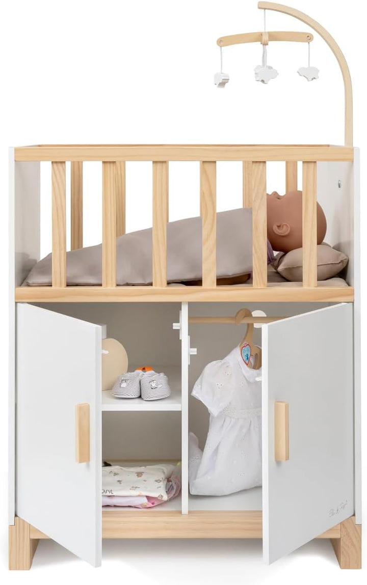 ELLA & PIET® Puppenbett Cozy mit Schrank und Mobile aus Holz (Weiss-Schlamm)