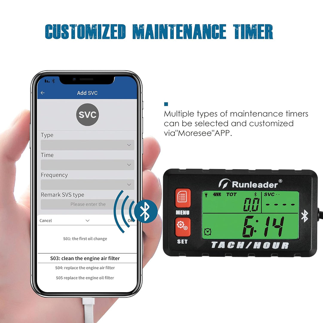 Runleader Digital Bluetooth Tach/Stundenzähler, APP Ferngesteuerte Stunden Tachometer, Wartungserinn