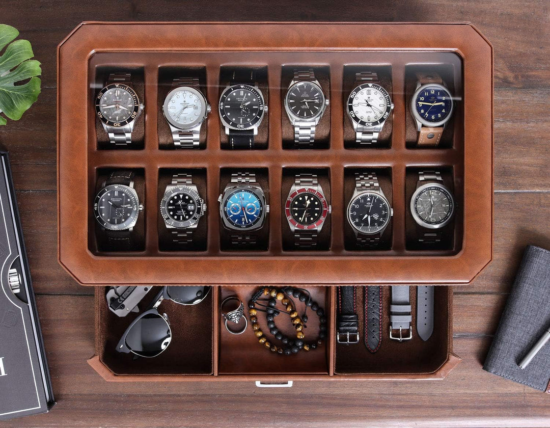 ROTHWELL 12-Fach-Leder-Uhrenbox mit Valet-Schublade – 12-Fach-Luxus-Uhrenetui, Display-Organizer, Mi