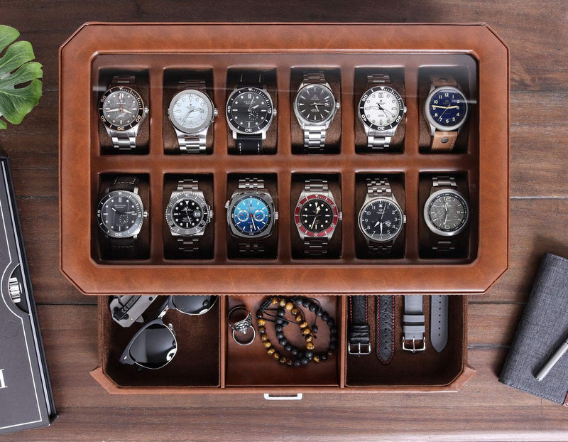 ROTHWELL 12-Fach-Leder-Uhrenbox mit Valet-Schublade – 12-Fach-Luxus-Uhrenetui, Display-Organizer, Mi