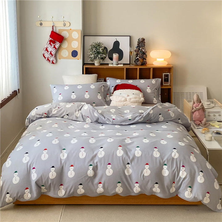 Freyamy Weihnachts Bettwäsche Set 135x200cm Grau Bunt Schneemann Bettwaren-Sets Junge Mädchen Weihna