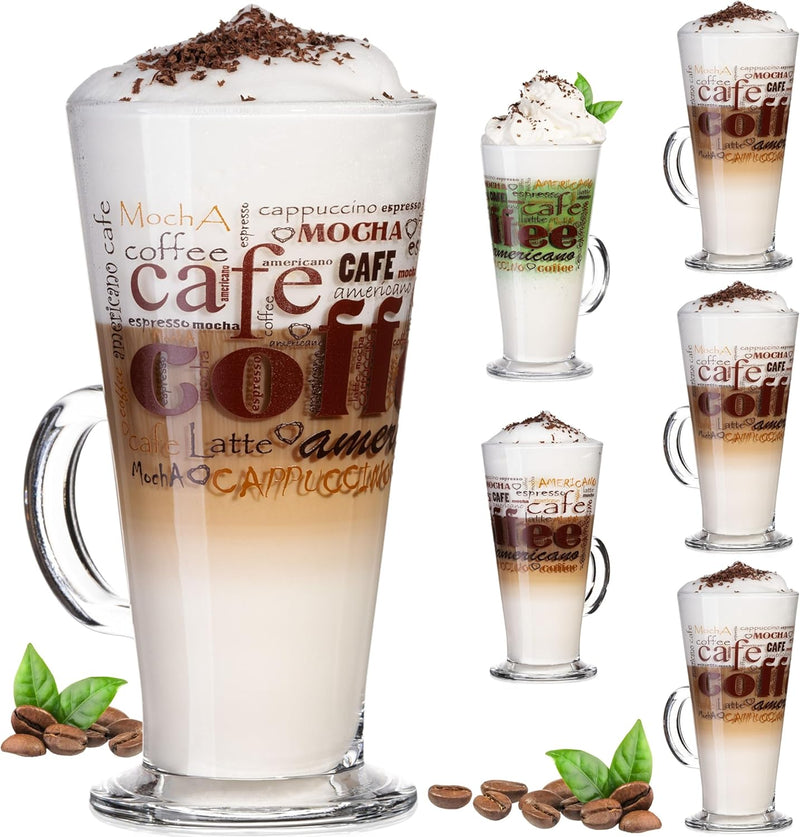 PLATINUX Kaffeegläser mit Motiv max. 280ml Set 6-Teilig aus Glas Latte Macchiato Gläser mit Griff Ca