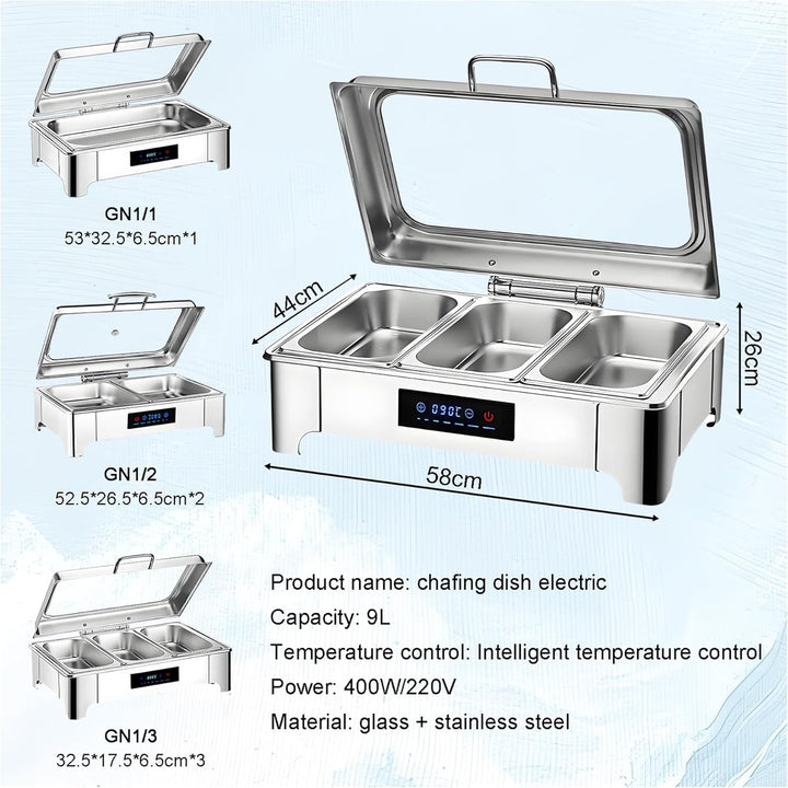 Chafing Dish Elektrisch, Edelstahl Speisewärmer Buffetwärmer 9L mit Sichtbarem Glasdeckel, Einstellb