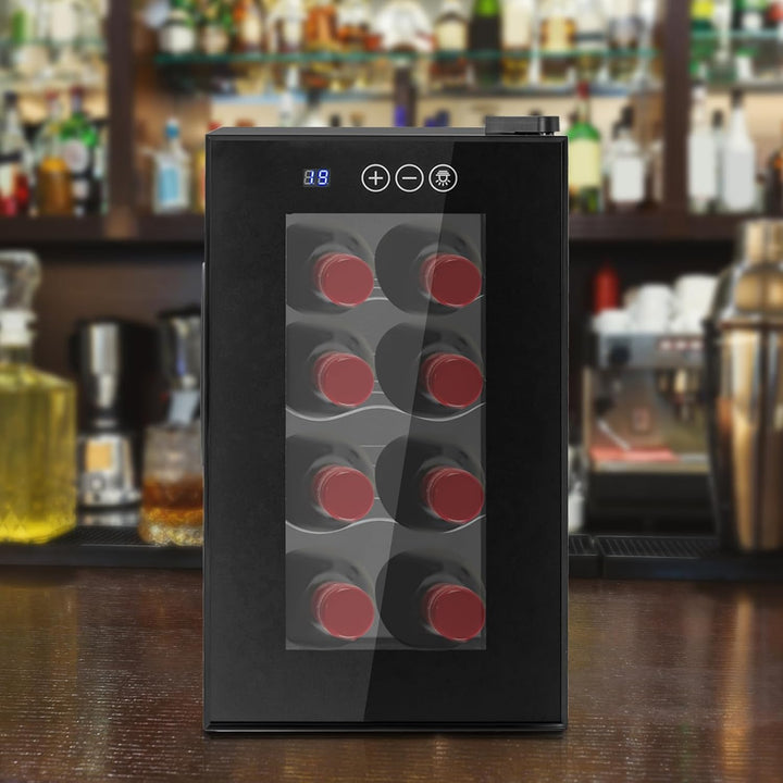 Elektrischer Weinkühlschrank 8 Flaschen,8-18 ℃ Digitaldisplay LED-Licht | Weinkühlschrank Vollglas-D