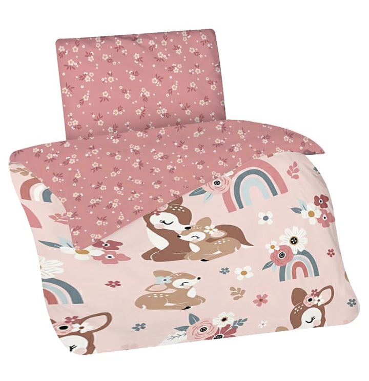 Aminata kids Kinderbettwäsche 100x135 Mädchen REH-Kitz Waldtiere Tier-Motiv Kinder-Wende-Bettwäsche-