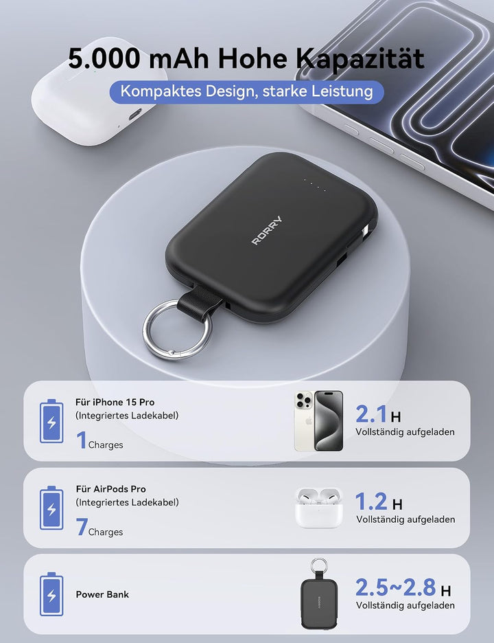 RORRY CharmGo 5000mAh Powerbank, Portable Charger mit integrierten Kabeln und Schlüsselanhänger, Tra