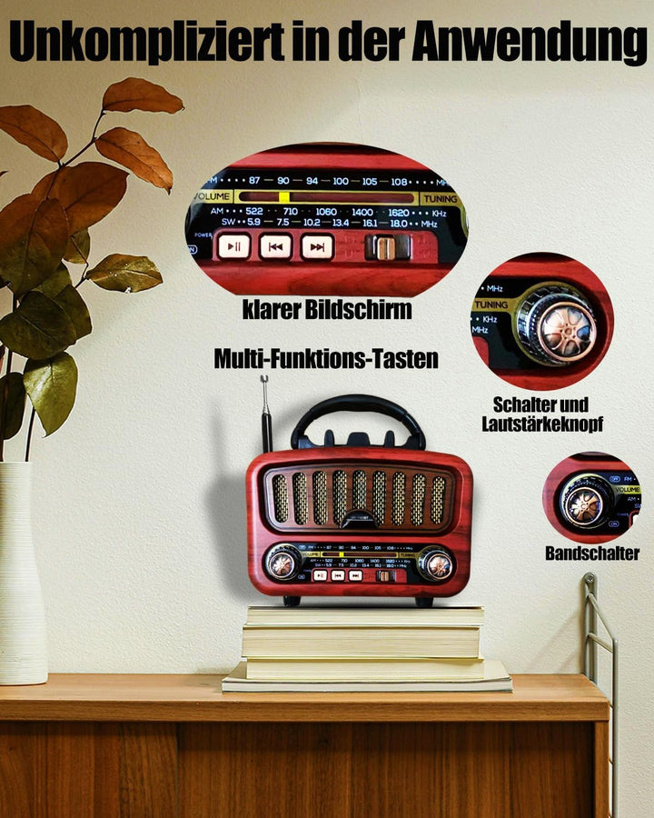 Retro Radio mit Bluetooth, AM/FM/SW Tragbares Radio Klein 5W grosser Lautsprecher und Bluetooth 5.0,