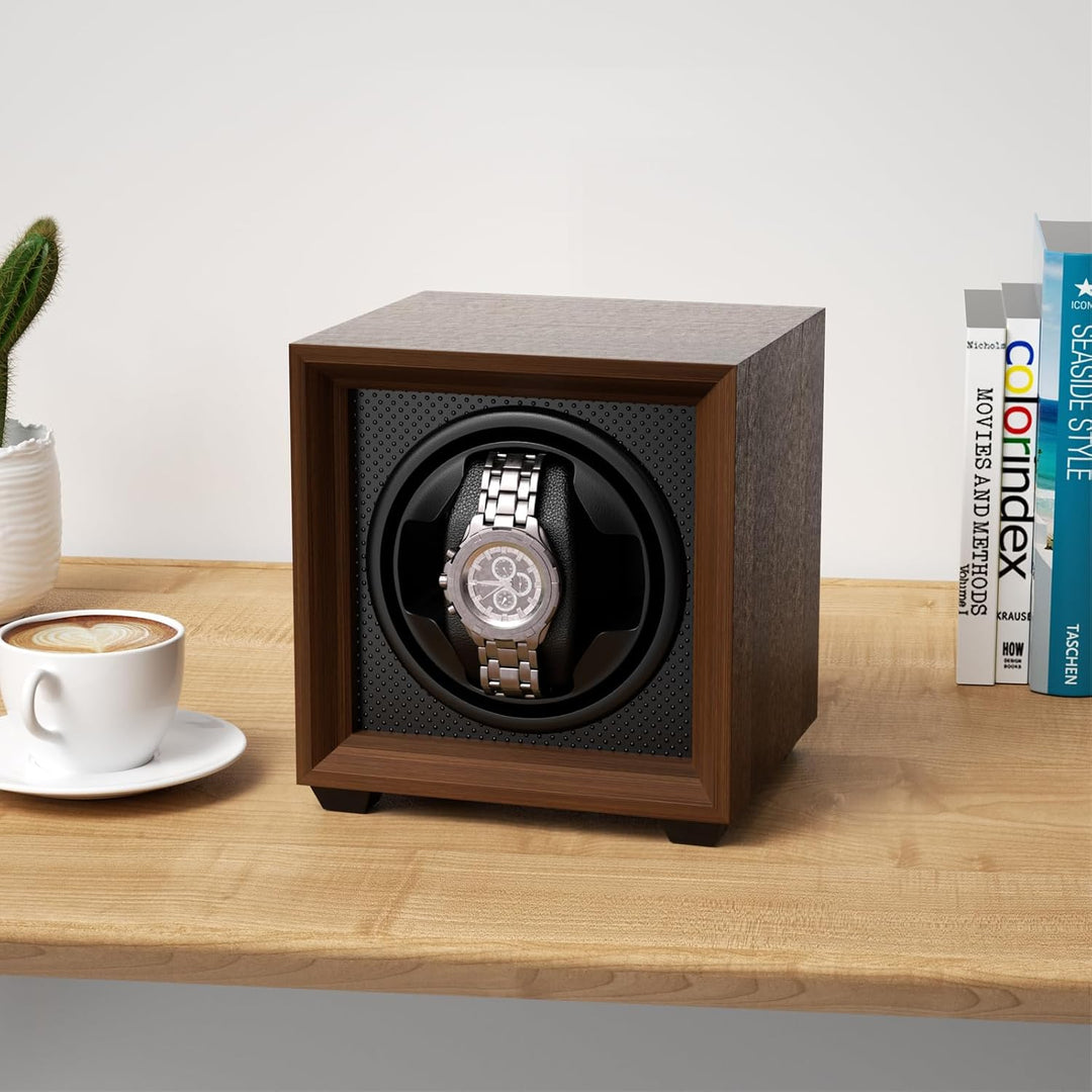 Fousenuk uhrenbeweger für automatikuhren mit leisem Motor, 2 einstellmodi, quadratisch nussbaumfarbe