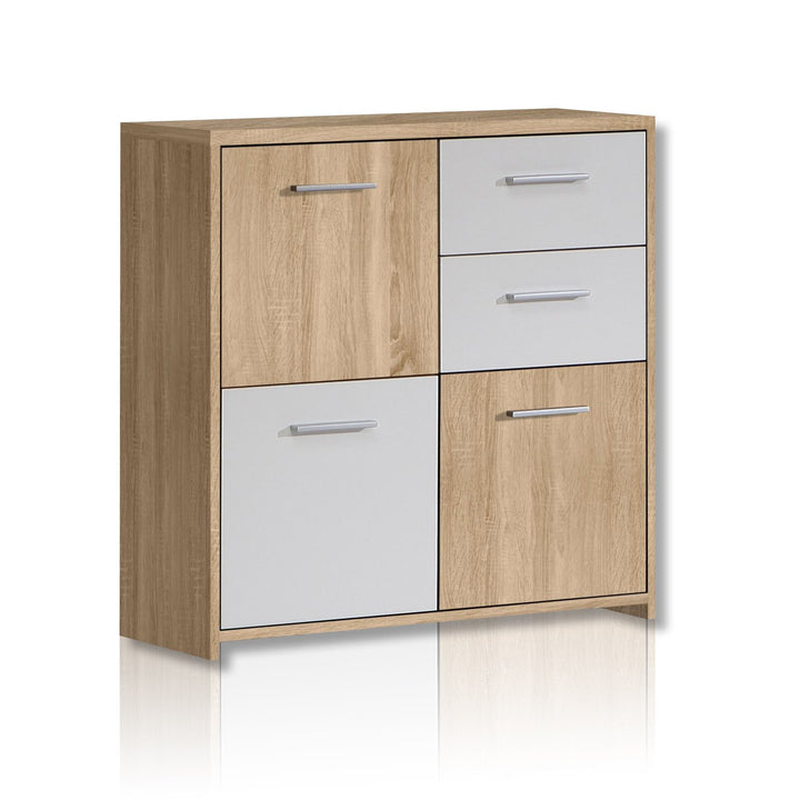 FORTE Quadro Kommode mit 3 Türen und 2 Schubladen, Holzwerkstoff, Sonoma Eiche / Weiss, 77.2 x 29.6
