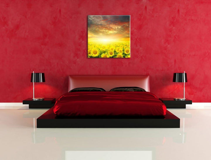 Sonnenblumenfeld, Format: 70x70 auf Leinwand, XXL riesige Bilder fertig gerahmt mit Keilrahmen, Kuns