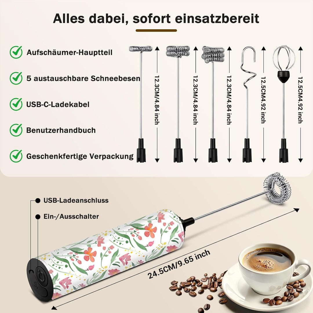 Milchschäumer Elektrisch USB-C mit 5 Wechselbaren Edelstahl-Schneebesen–2 Einstellbare Geschwindigke