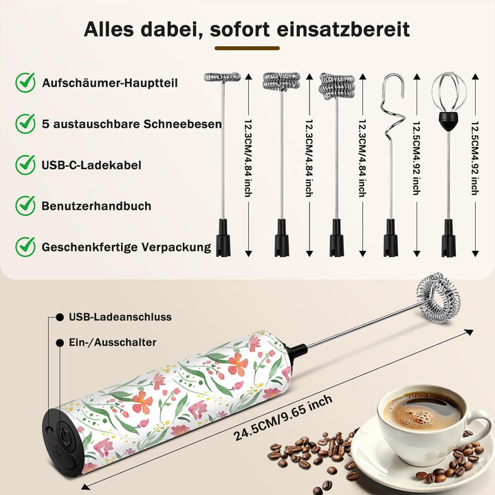 Milchschäumer Elektrisch USB-C mit 5 Wechselbaren Edelstahl-Schneebesen–2 Einstellbare Geschwindigke