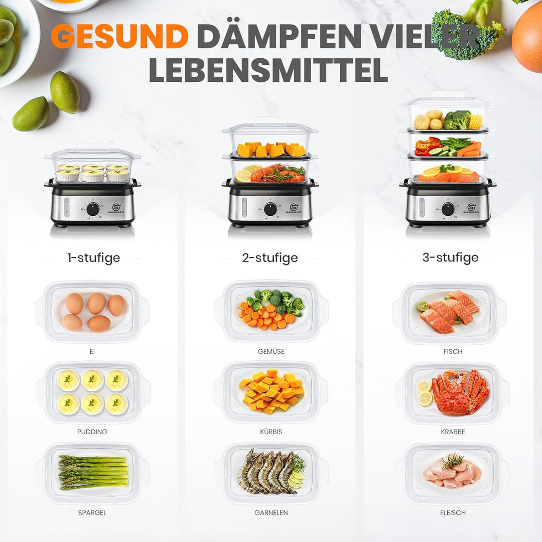 Dampfgarer Elektrisch 950W 3 Schichten 9L Kapazität Mit 60 Min Timer Antihaft Heizplatte Spülmaschin