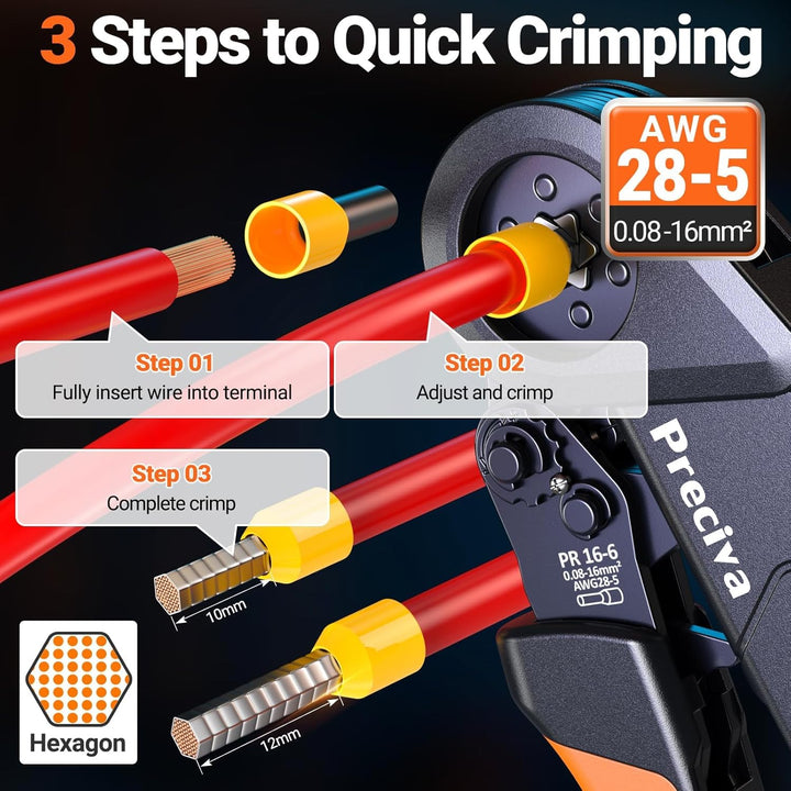 Preciva Sechskant Crimpzange Set, 0,08-16mm² Aderendhülsen Set, Kompatibel mit 1660 Einrohrklemmen,S
