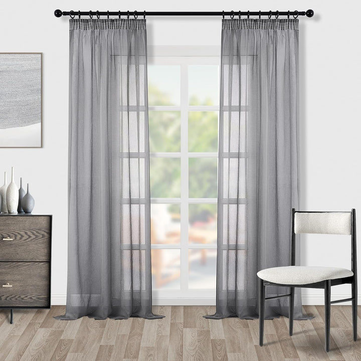 Topfinel Gardinen mit Kräuselband Grau Vorhänge Halbtransparent Voile Gardine Wohnzimmer Modern 140x