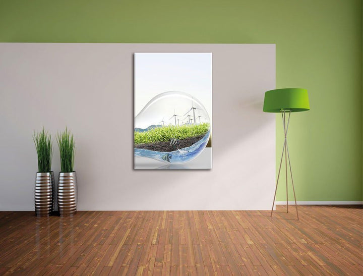 Pixxprint Glühbirne mit Pandabären und Ozean mit Leuchtturm, Format: 100x70 auf Leinwand, 100x70