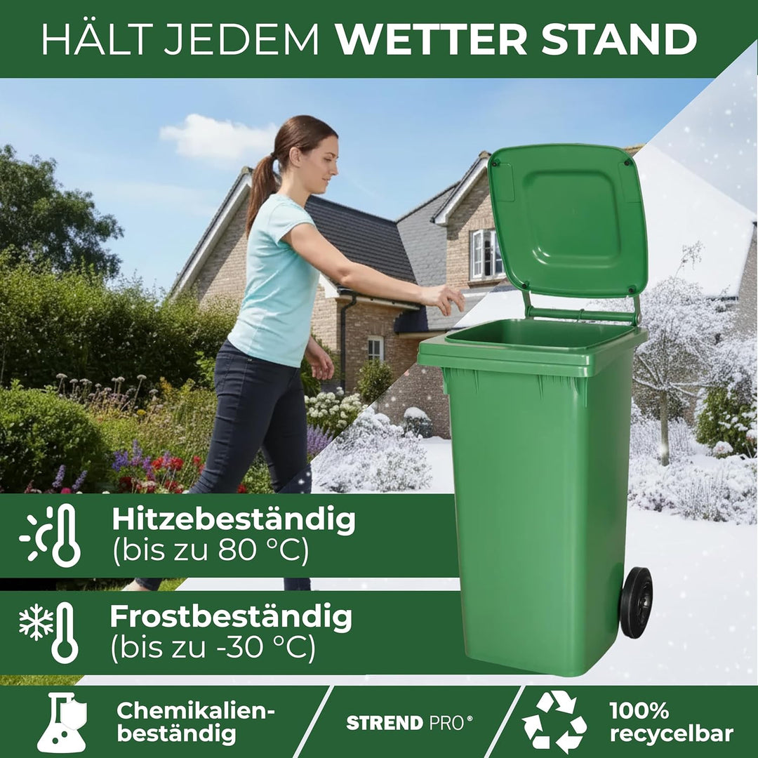 STREND PRO Mülltonne 120L Grün | Abfalltonne für Gartenabfall, Papier & Glas | Mülleimer mit Deckel