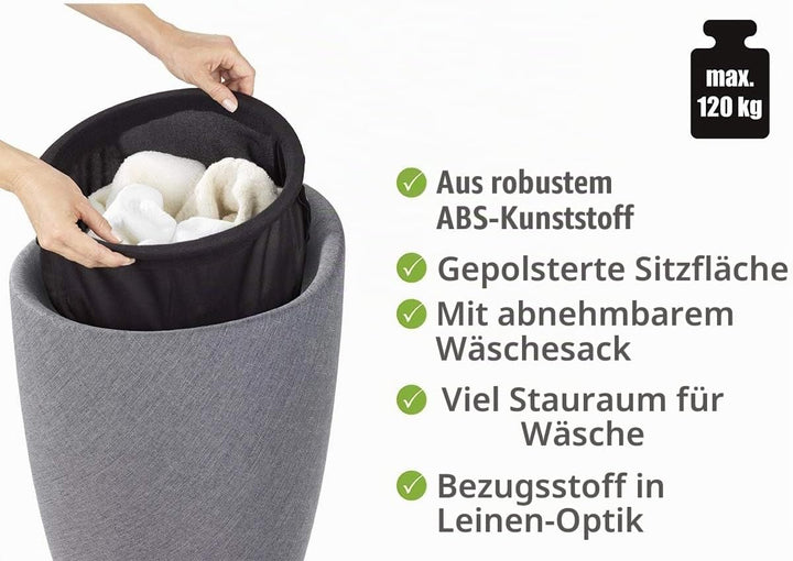 WENKO Badhocker Candy Leinen Optik Grau, Hocker mit Stauraum für das Badezimmer und Wohnzimmer, inte