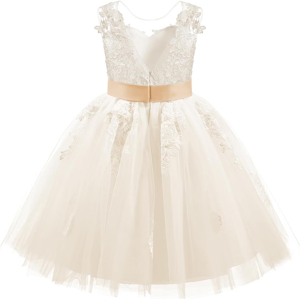 PLWEDDING Spitze V zurück Tüll Blumenmädchen Kleid Junior Mädchen Brautjungfer Hochzeit Partykleider