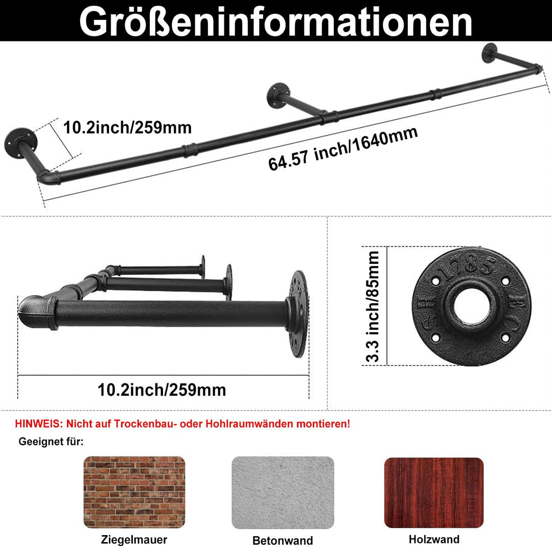 Industrielle Kleiderstange Wandmontage, Kleiderstangen für die Wand, 164cm abnehmbare Garderobenstan