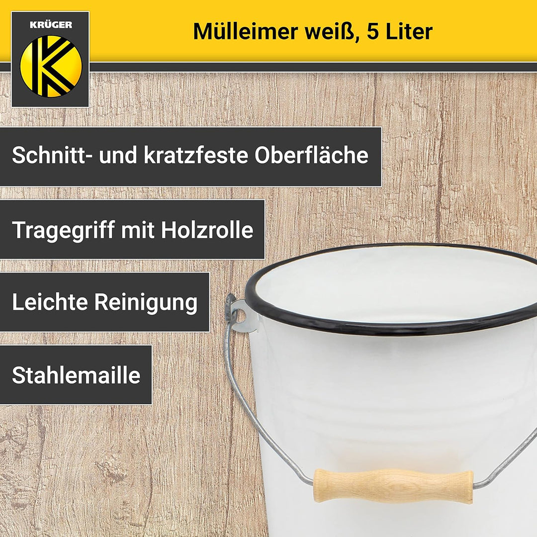 KRÜGER Mülleimer mit Deckel - Stahl Abfalleimer mit Emaille-Beschichtung und Holzgriff - schnitt- un