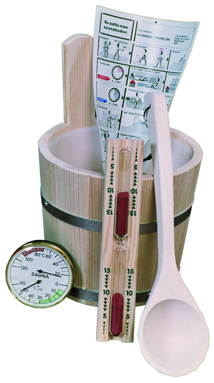 Achleitner Sauna Bad Set 5-teilig Saunakübel aus Fichtenholz, Kelle, Sanduhr, Hygrometer, Baderegelt