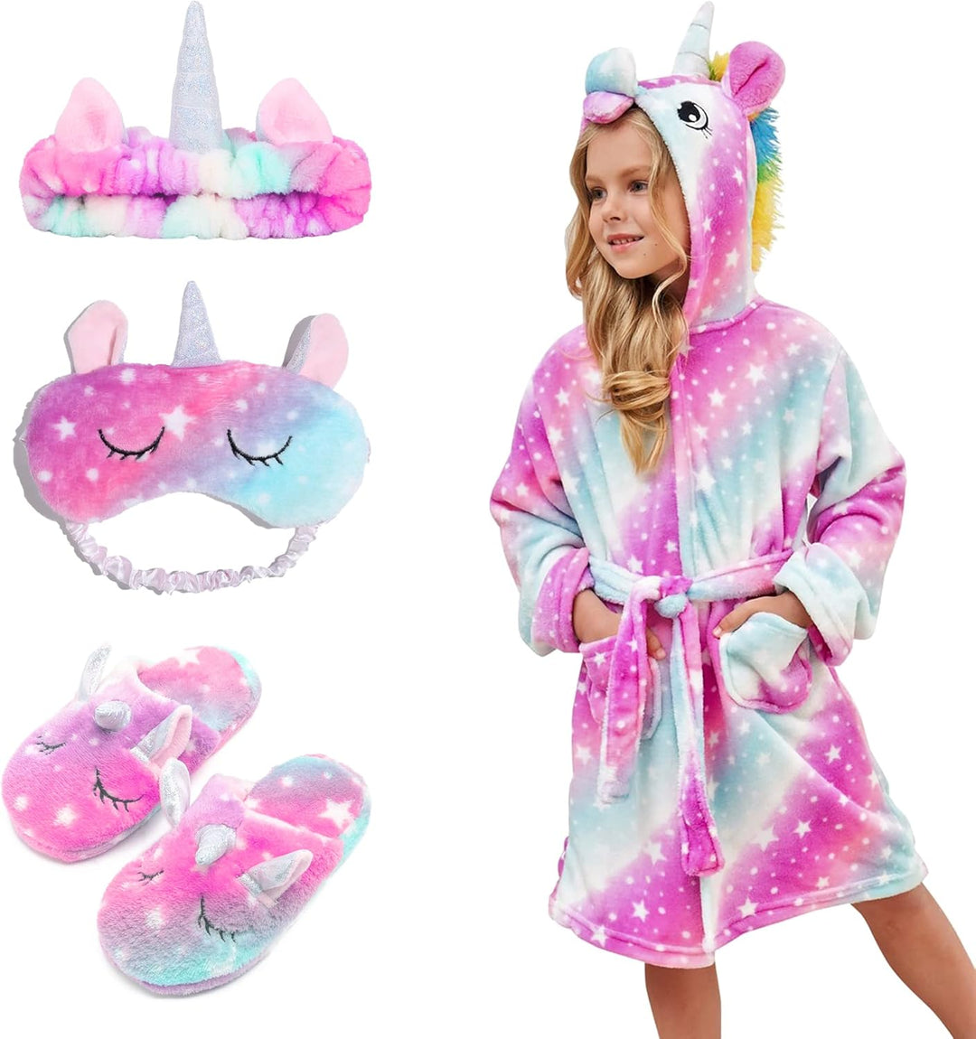 Piefry Weicher Einhorn-Bademantel mit Kapuze für Mädchen mit Einhorn-Pantoffeln, Augenbinde und Stir