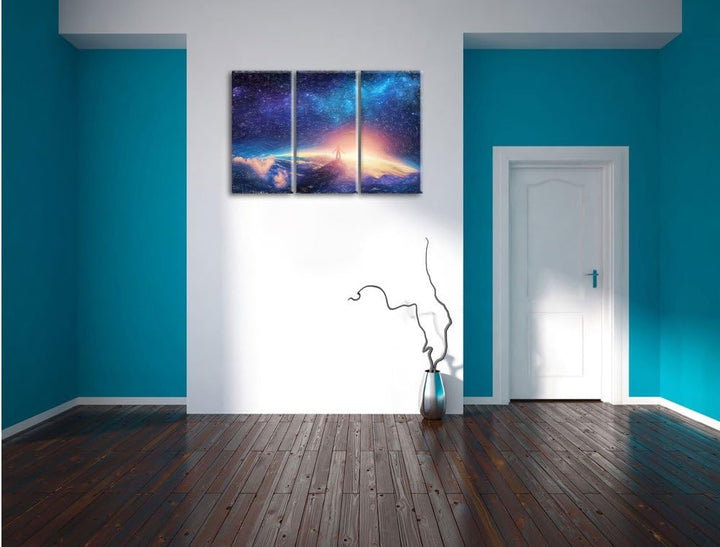 Pixxprint der Mann auf dem Berg mit dem Blick auf die Welt Kunst Buntstift Effekt 3-Teiler Leinwandb