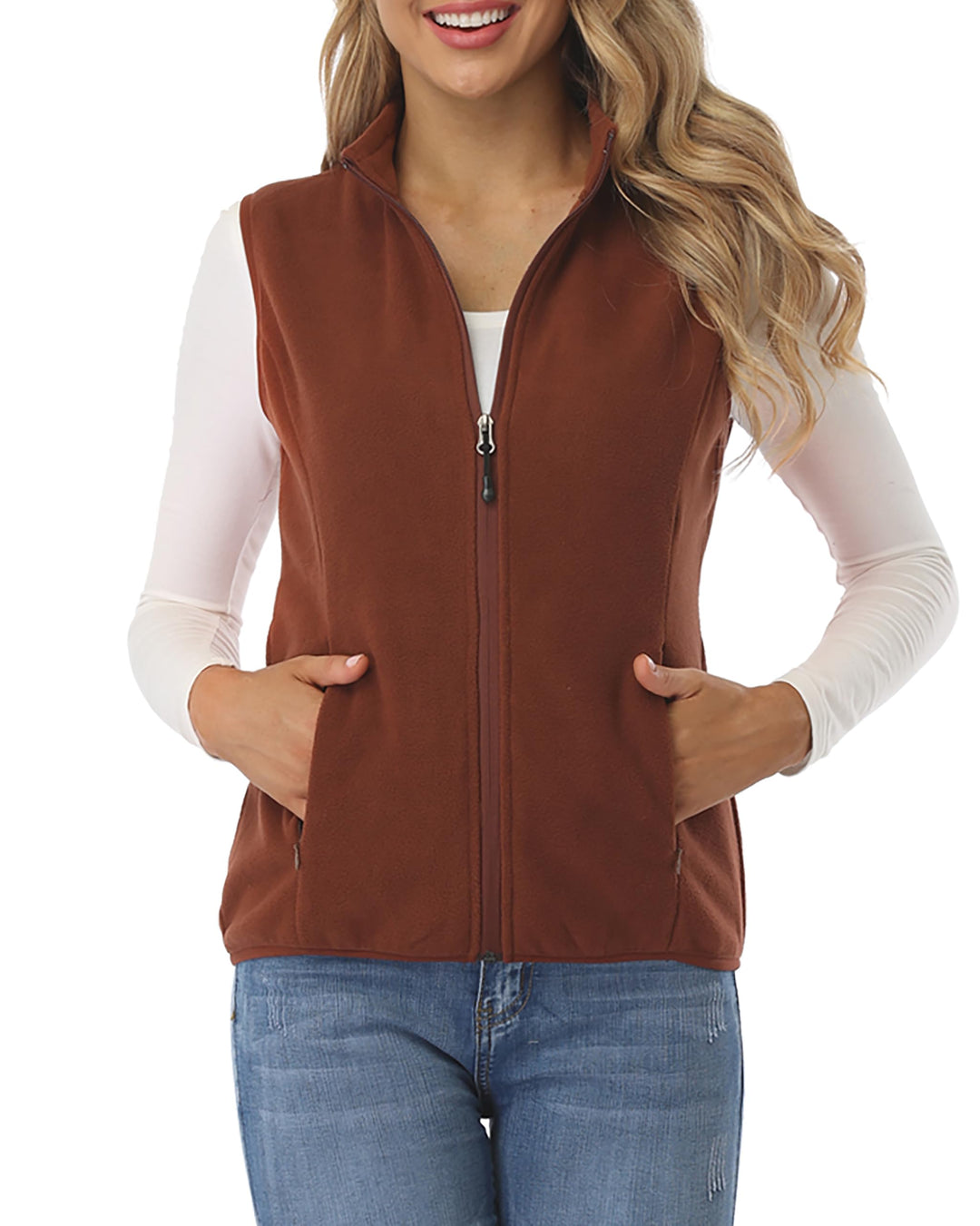 fuinloth Damen Weste Ärmellose Fleeceweste Leicht Stehkragen Weste mit Reissverschlusstaschen XS Sch