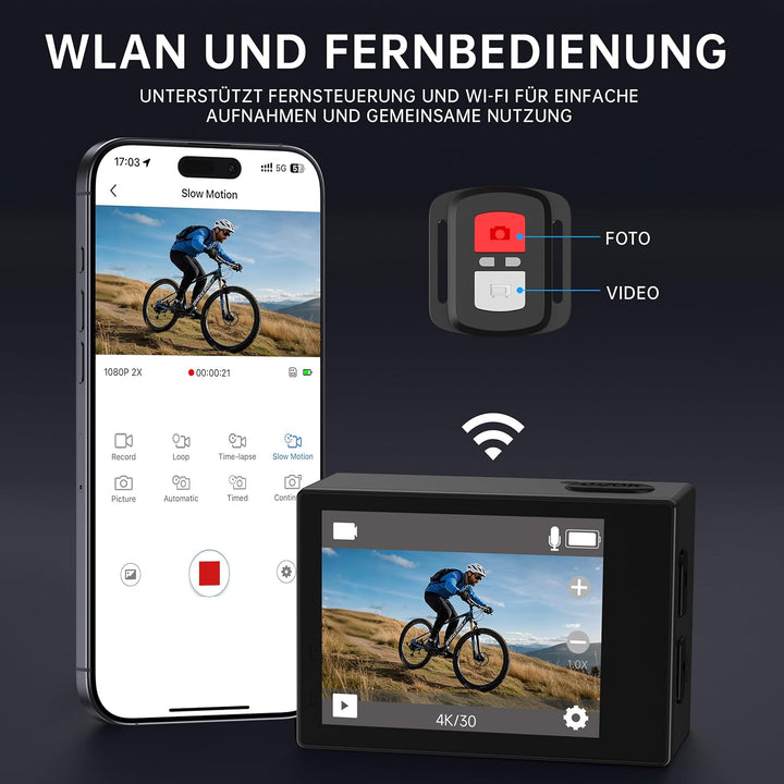 syndesmos Action Cam 4K 60FPS 30MP, 40M Unterwasserkamera, HD Unterwasserkamera Schnorcheln 2 LCD Bi