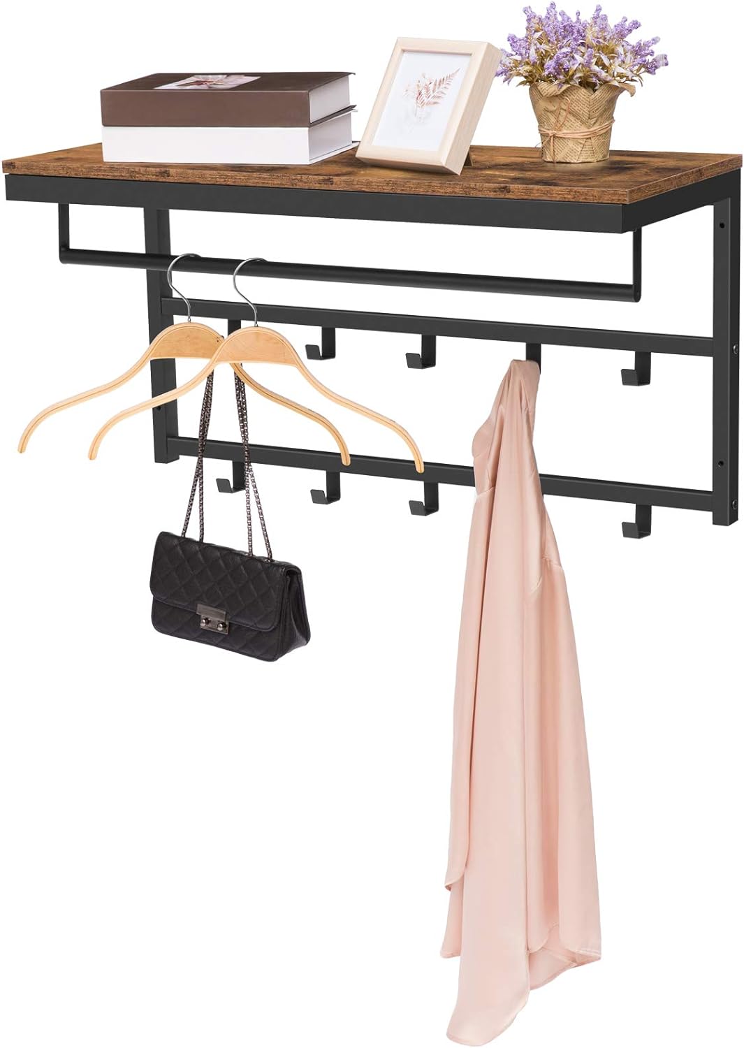 HOOBRO Wandgarderobe mit Ablage, Wandregal mit 10 Haken und Stangen, Wandmontiertes Hängeregal, 80 x