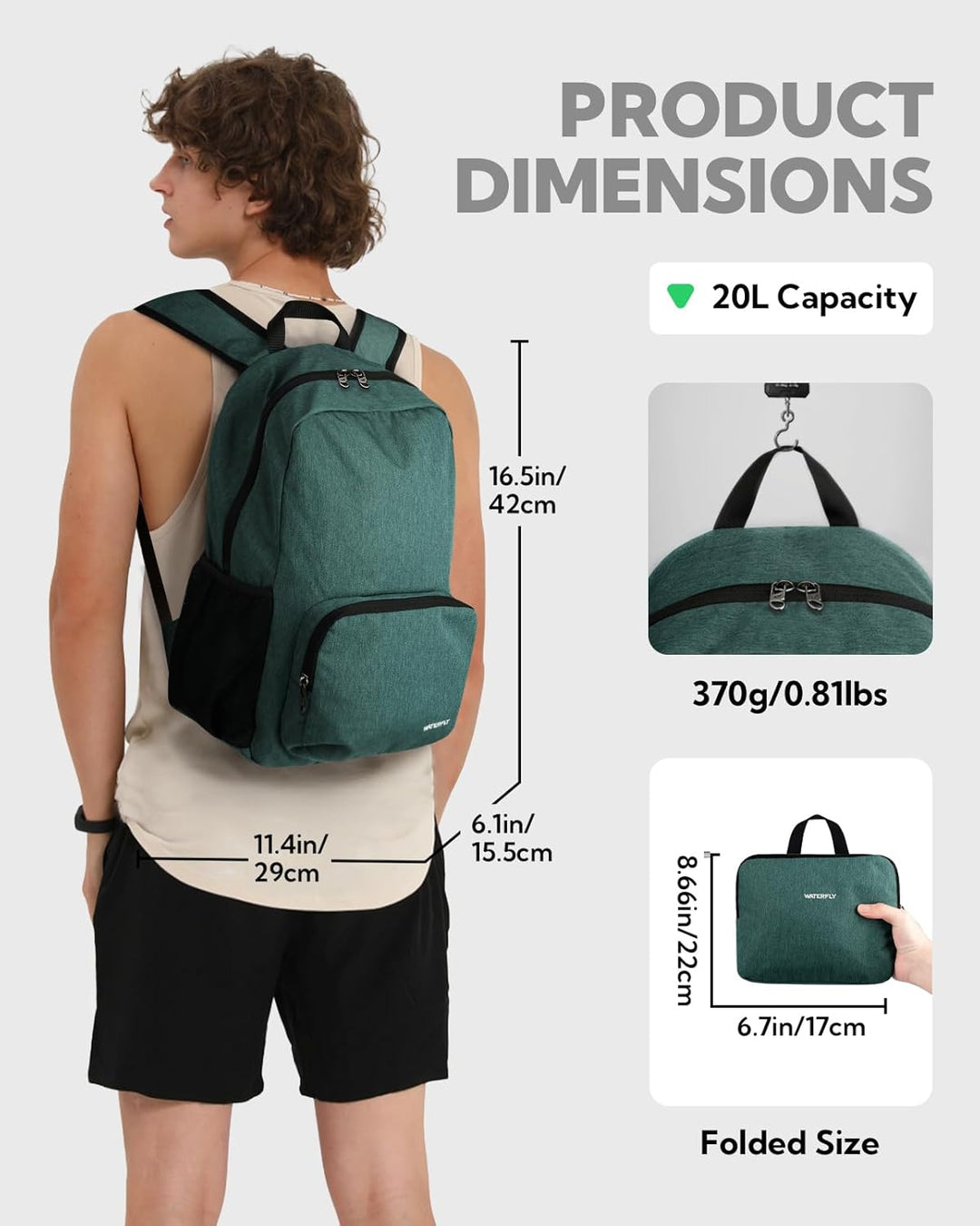 WATERFLY Rucksack Faltbar Tagesrucksack 20L: Wanderrucksack Faltrucksack Leicht Klapprucksack Daypac