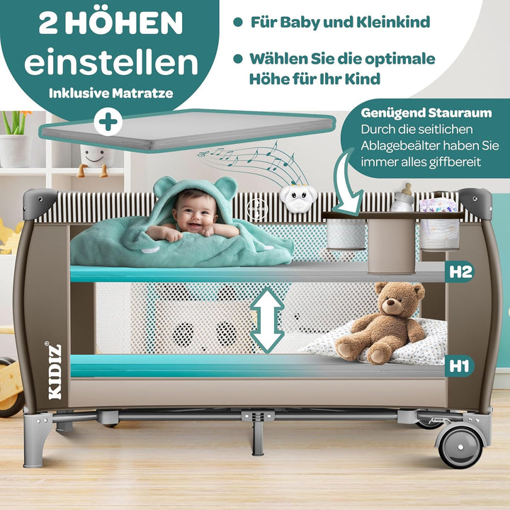 Kidiz® Babybett Reisebett Kinderreisebett klappbar mit Matratze & Räder 120x60, Seiteneingang, Wicke