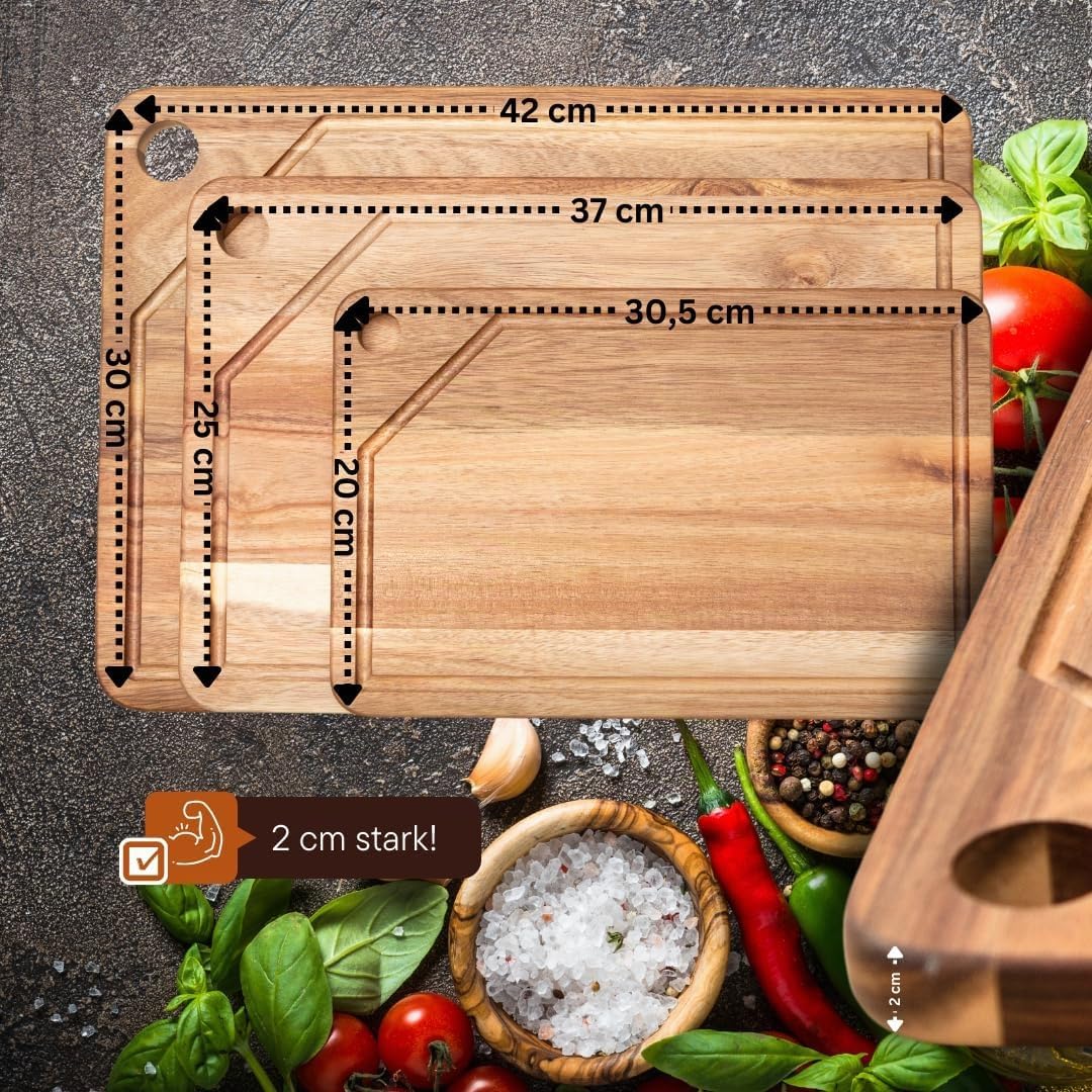 Hochwertiges 3er Schneidebrett Set - PERSONALISIERBAR - Küchenbrett mit Saftrille aus Holz mit prakt