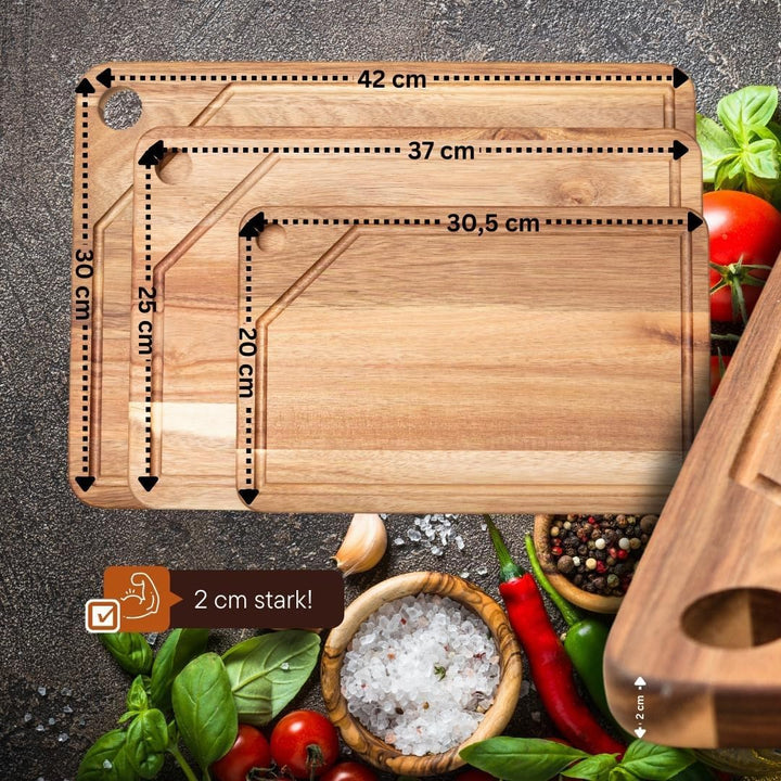 Hochwertiges 3er Schneidebrett Set - PERSONALISIERBAR - Küchenbrett mit Saftrille aus Holz mit prakt