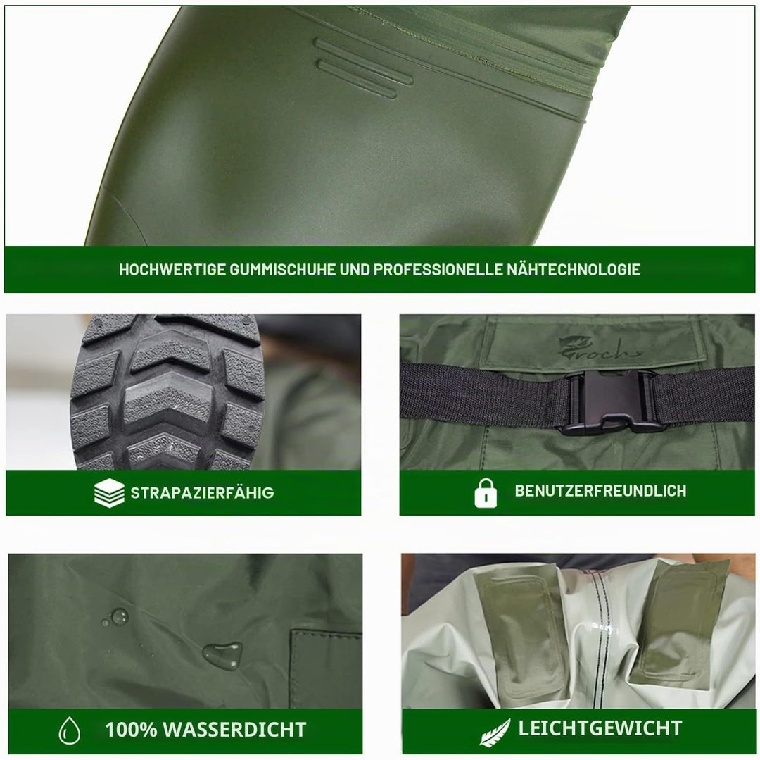 Croch Wathose für Herren Damen Anglerhose Wasserdicht PVC Nylon mit Gummi Watstiefel Grösse 38-47 Pe
