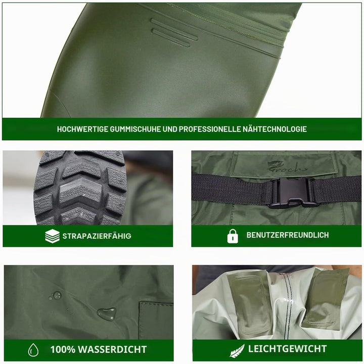 Croch Wathose für Herren Damen Anglerhose Wasserdicht PVC Nylon mit Gummi Watstiefel Grösse 38-47 Pe