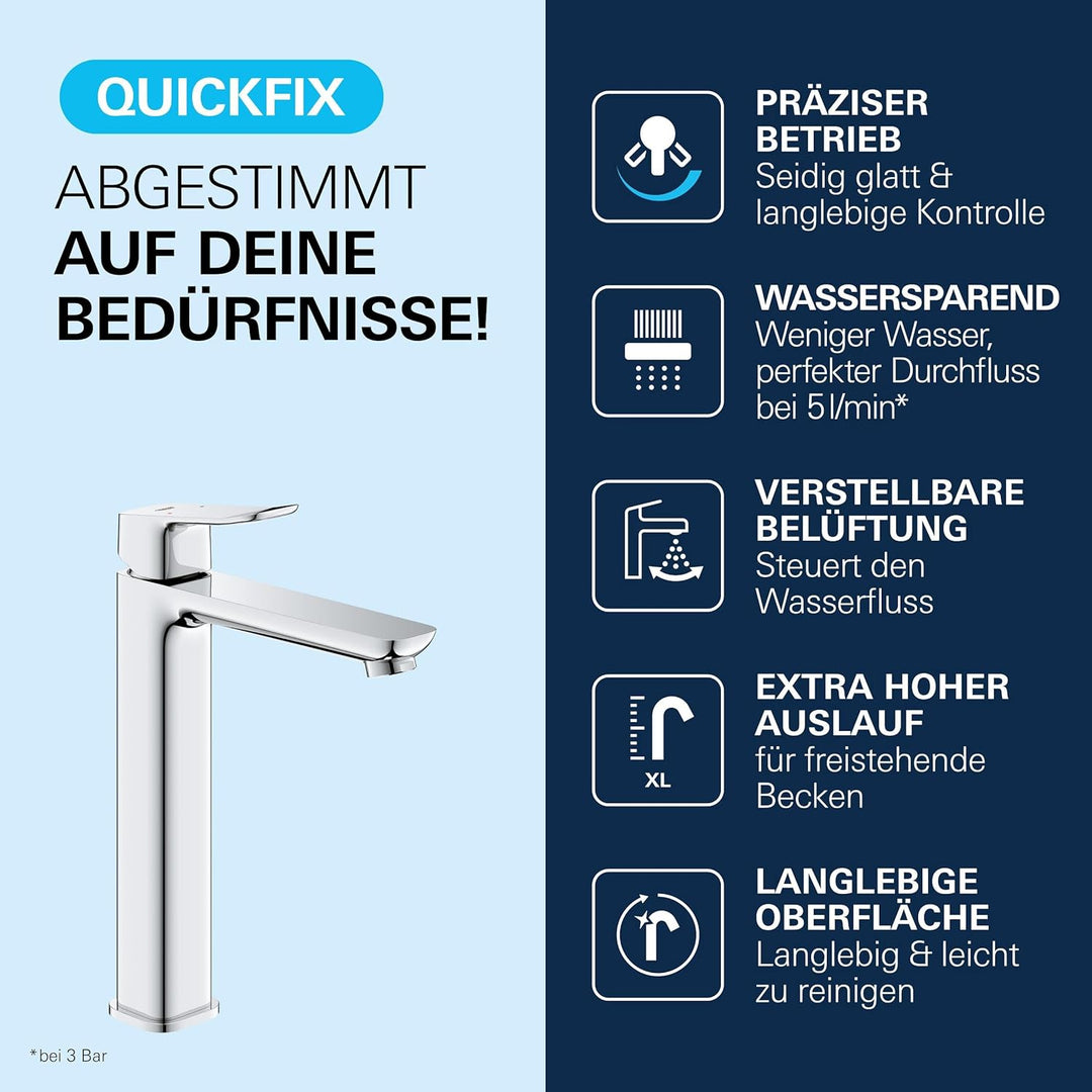 GROHE Dice, Waschtischarmatur hoch, wassersparend (Wasserhahn für das Bad, Badarmatur mit Zugstangen